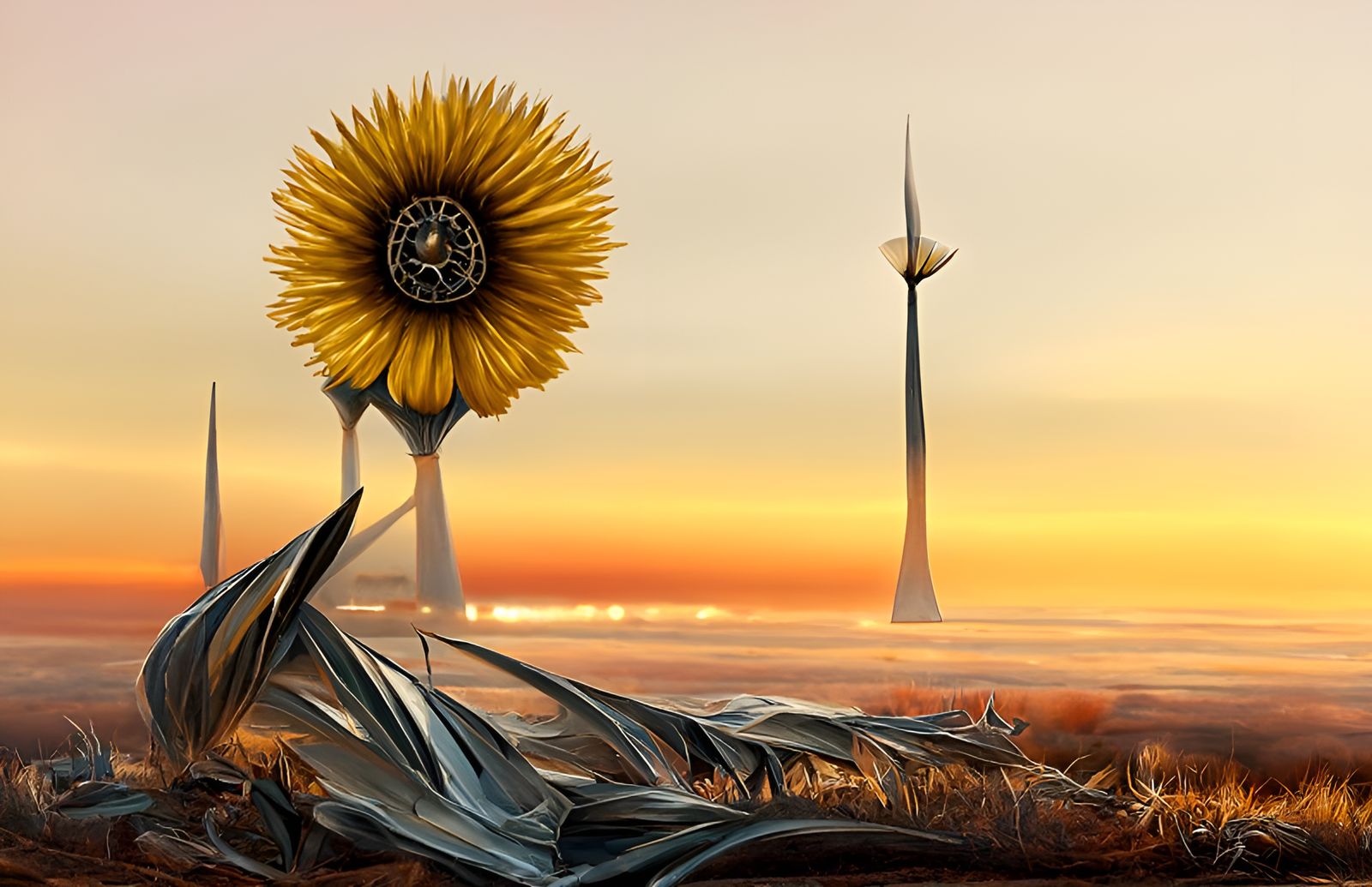 Magical Sunflower and Futuristic Turbines in Sci-Fi Landscap...
