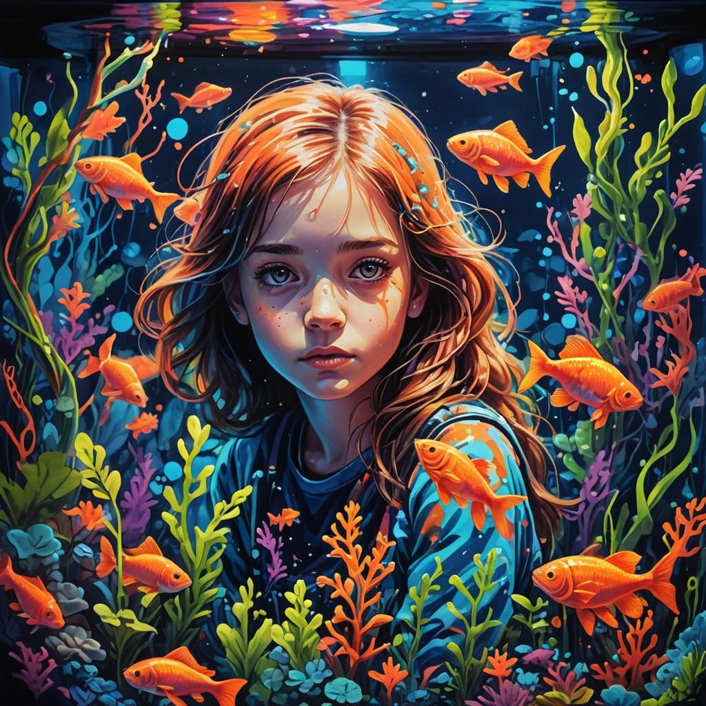 Girl Trapped in Fluorescent Fish Tank Graffiti Art