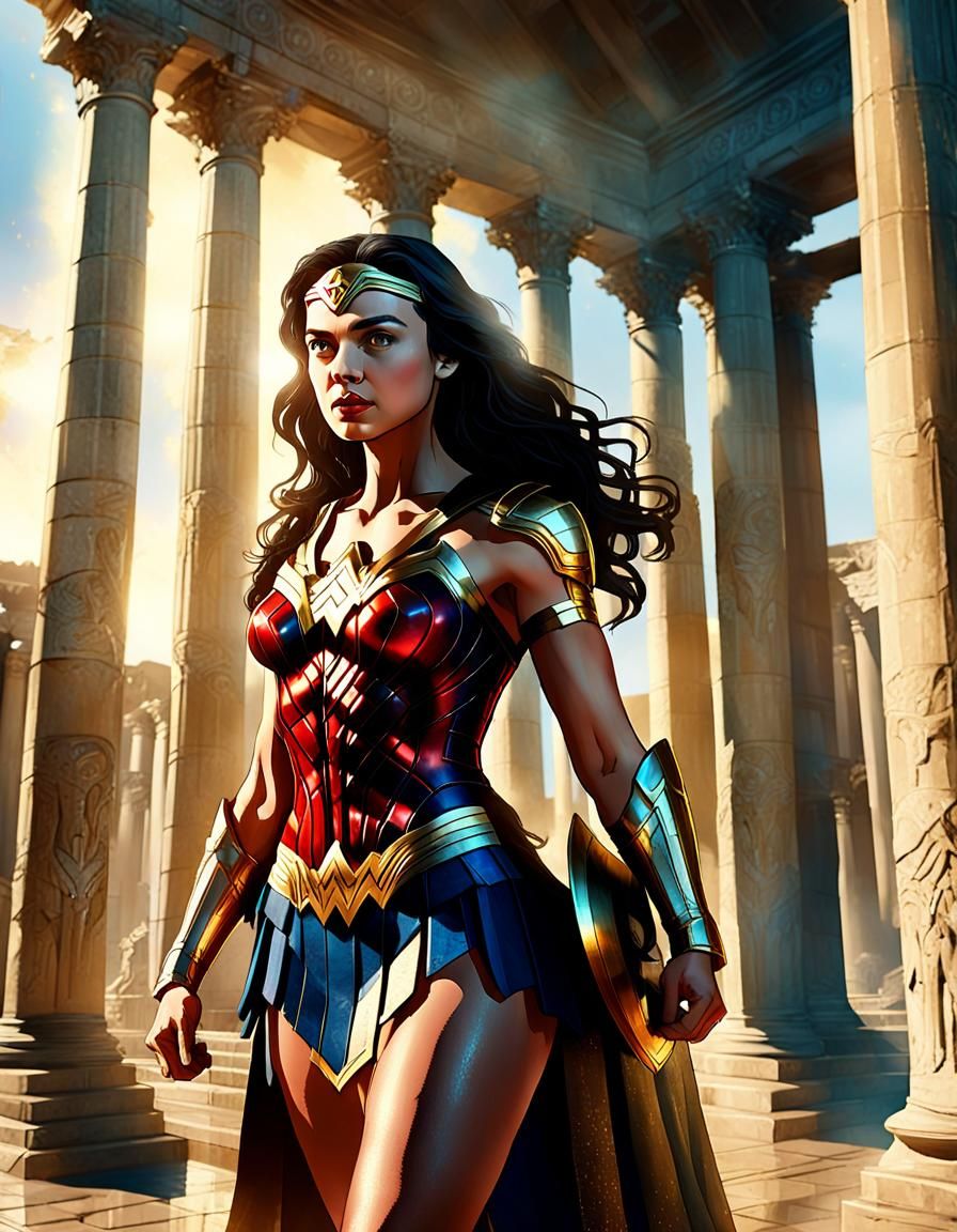 Wonder Woman in Ancient Courtyard: Cinematic Digital Paintin...