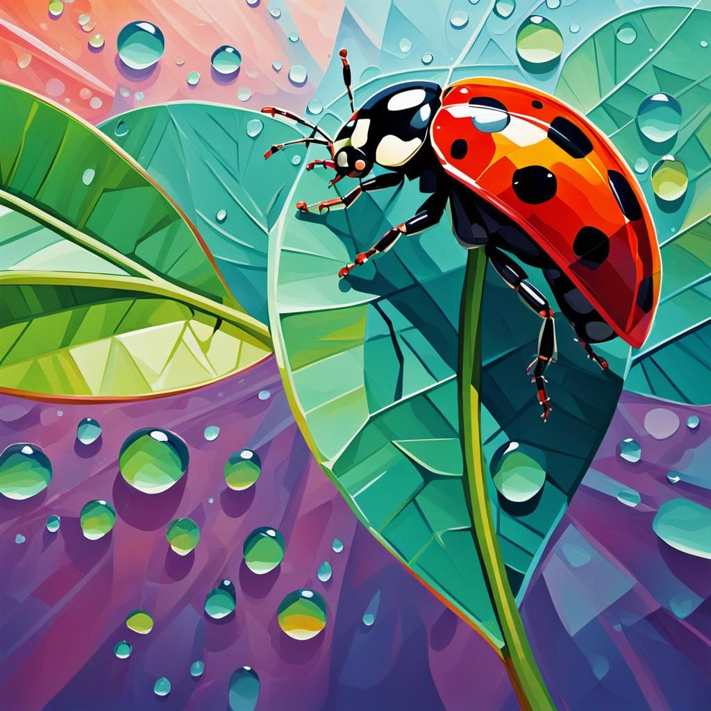 Ladybug on Leaf in Neo-Cubist Style