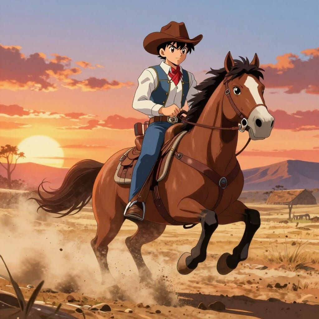Anime Cowboy Rides Horse Through Dusty Sunset Landscape