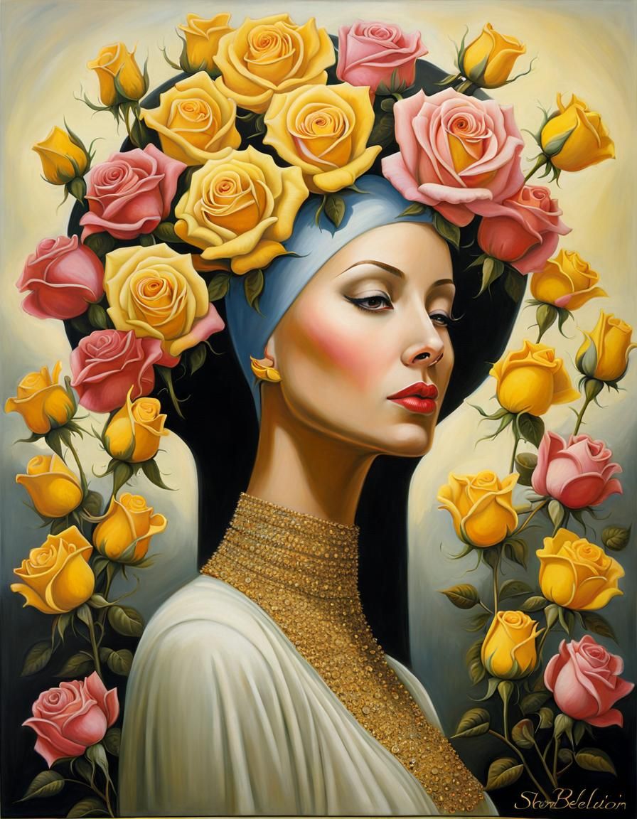 Woman with Yellow Roses: Surreal Oil Painting