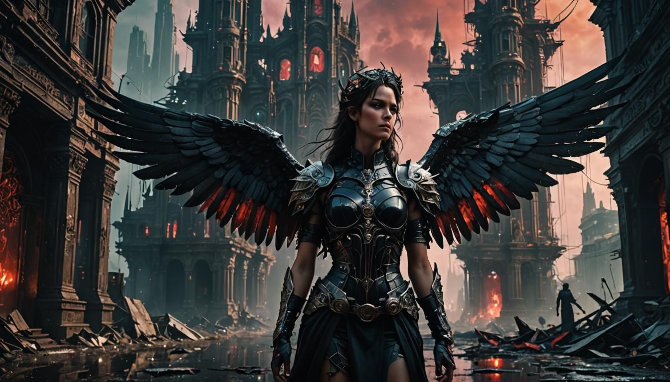 Angel in Dystopian Paradise: A Dark Fantasy Film Still