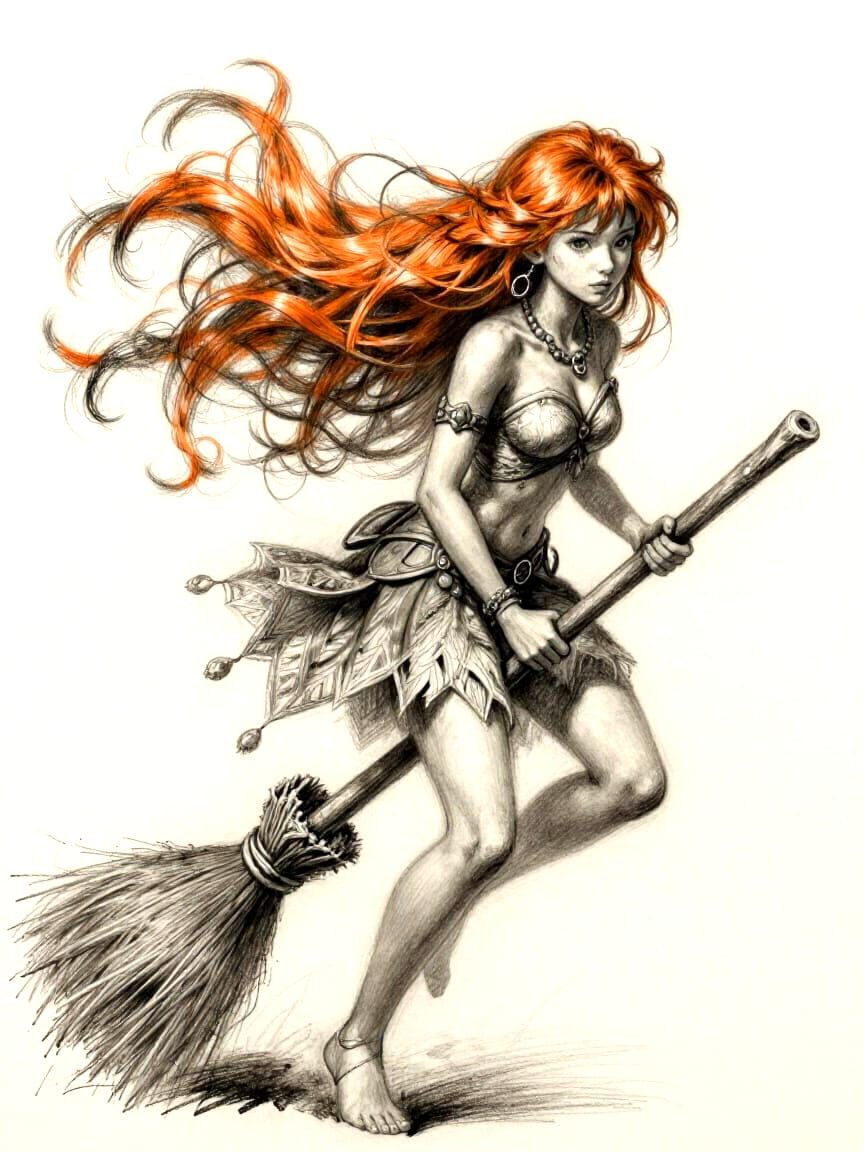 Charcoal Sketch of Amber-Haired Fairygirl in Action Pose