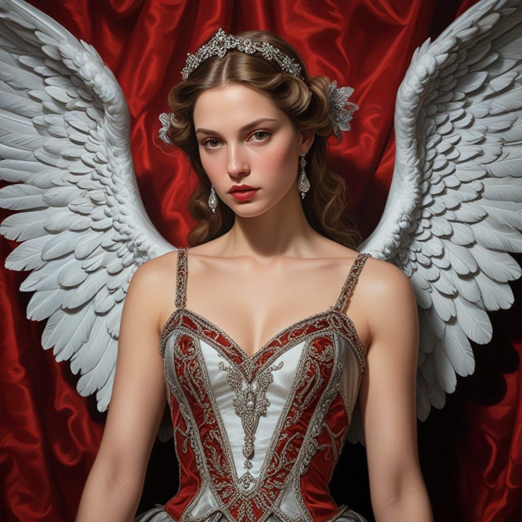 Angel in Ornate Baroque Fashion, Red and Silver Dress, Soft ...