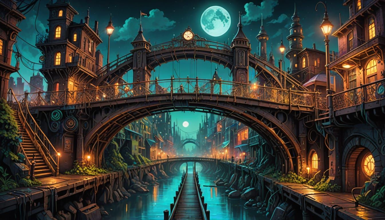 Steampunk Bridge at Night, Lit by Moonlight and Neon