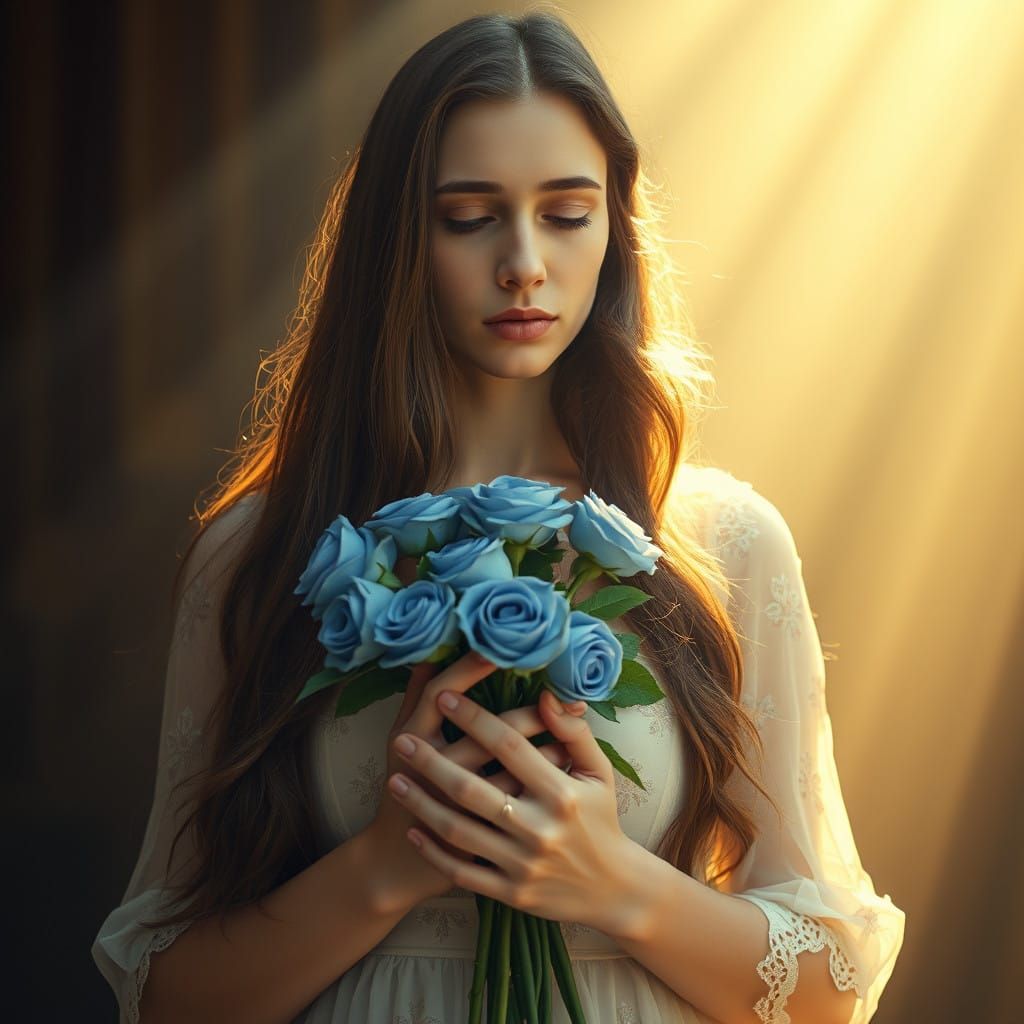 Sorrowful Angel in Blue Roses