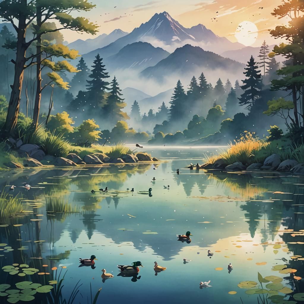 Ducks in Pond: Pastel Anime Watercolor Style