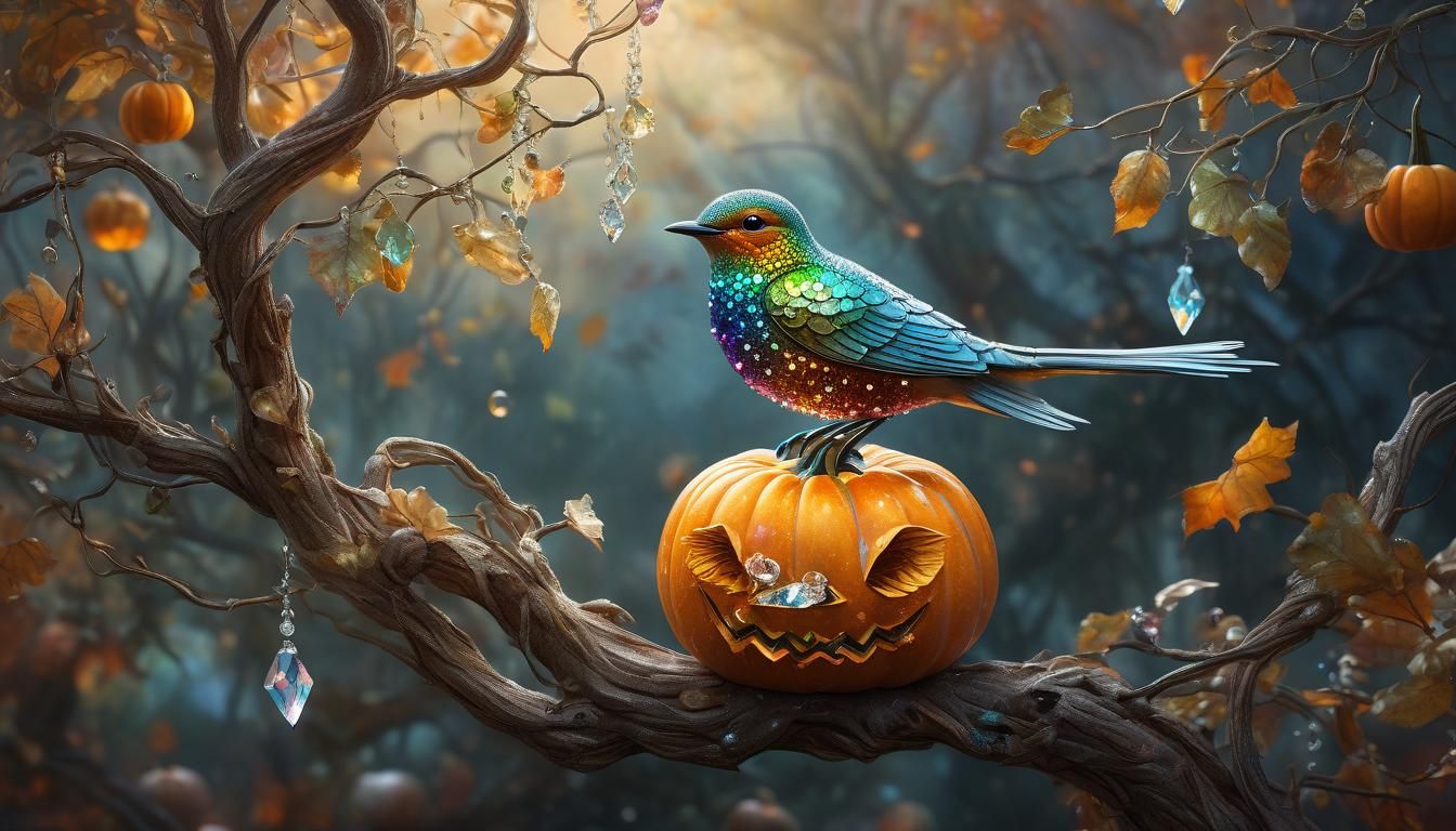 Crystal Bird and Translucent Pumpkins on Autumn Tree