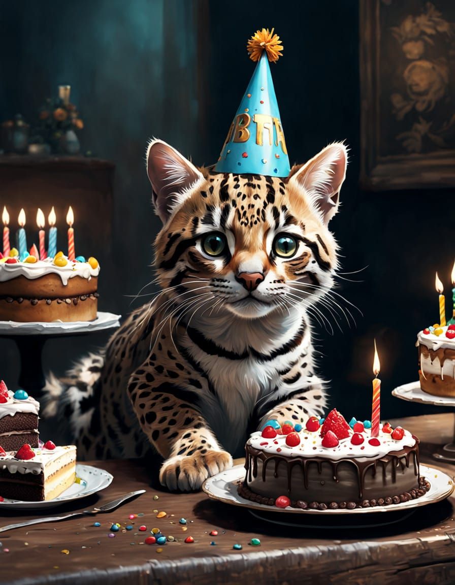 Whimsical Ocelot Cat Celebrates Birthday in Digital Painting