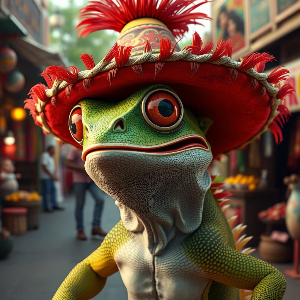 Laughing Iguana in Sombrero: Detailed Matte Painting