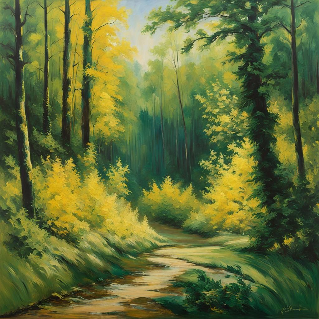 Green and Yellow Forest Jogging: An Acrylic Masterpiece