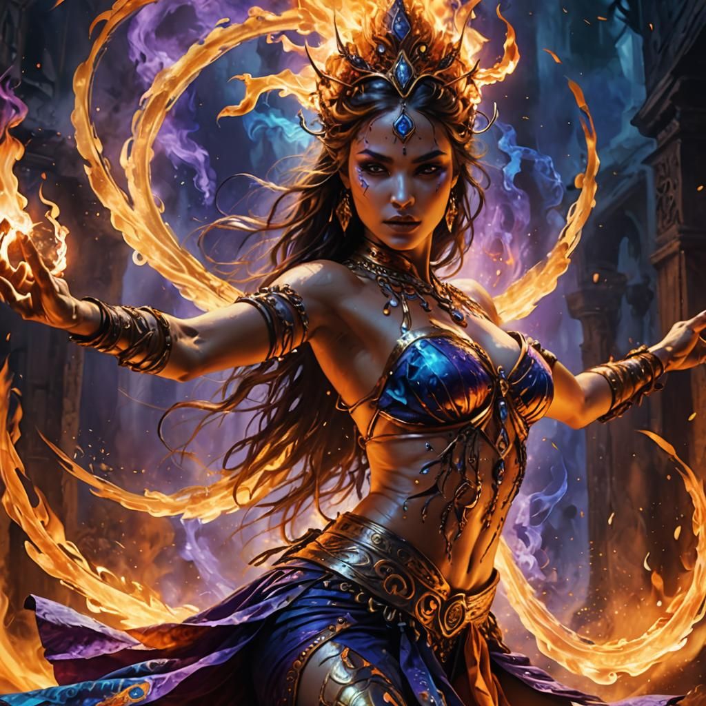 Surreal Cyberpunk Fire Dancer in Golden Hues