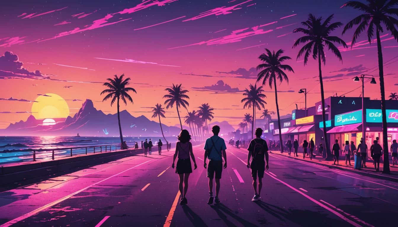 Synthwave Beach Road with Pedestrians