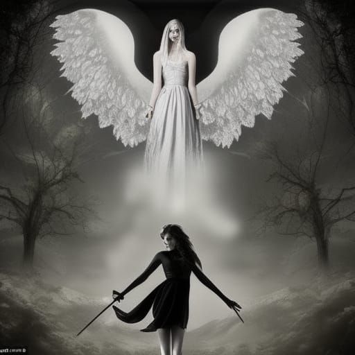 Half-Angel Half-Demon in Misty Church, Hyperdetailed