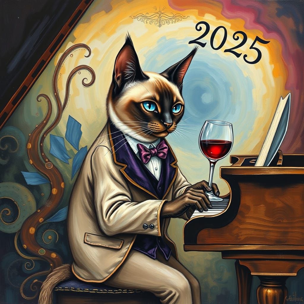 Elegant Siamese Cat Plays Piano in Whimsical Oil Painting