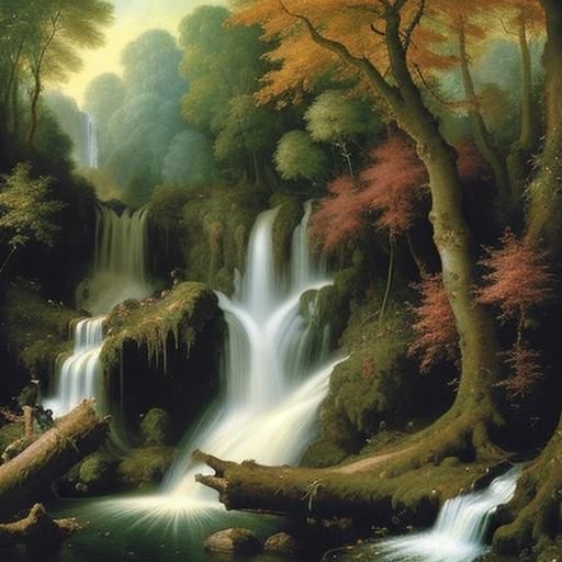 Lush Woodland Waterfall in Blended Art Styles