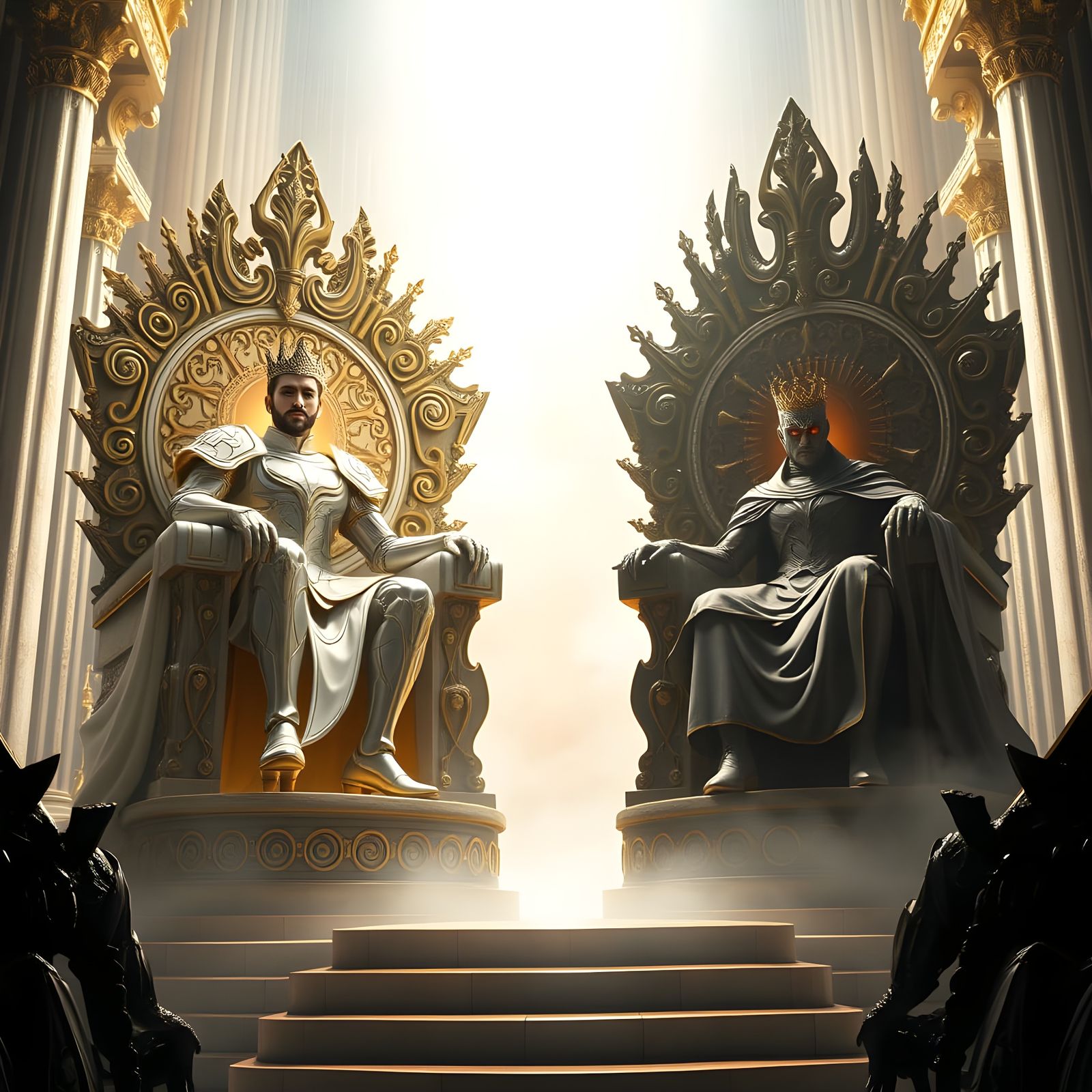 Epic Fantasy Scene: Light and Darkness Unite