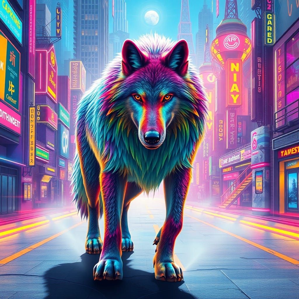 Majestic Wolf in Vibrant Surreal City