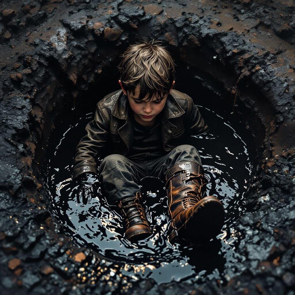 Boy Sinking in Tar, Dark Industrial Art