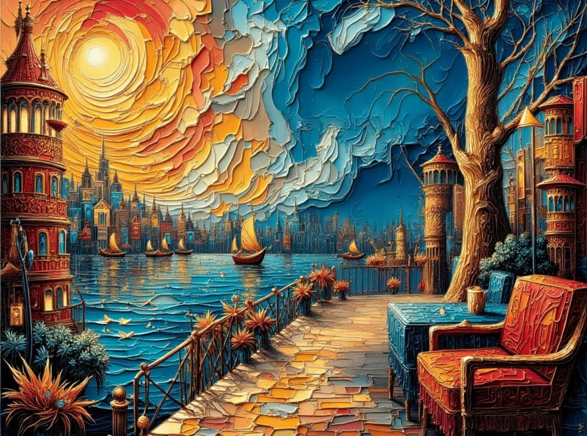 Vibrant Cityscape Cafe in Narrative Quilt Style