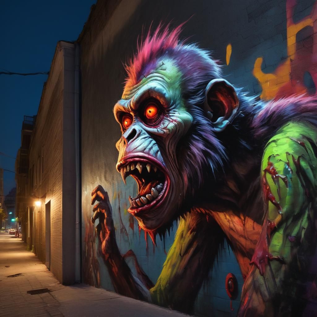 Zombie Monkey Clown Mural in Hyperrealistic Digital Art