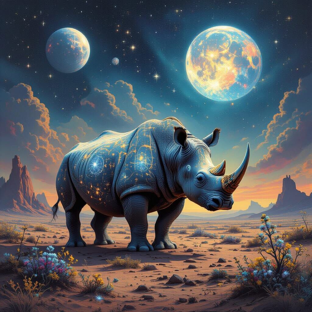 Majestic Rhino with Celestial Markings on Alien Planet