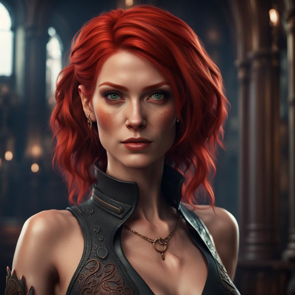 Redhead Fantasy Spy in Detailed Matte Painting