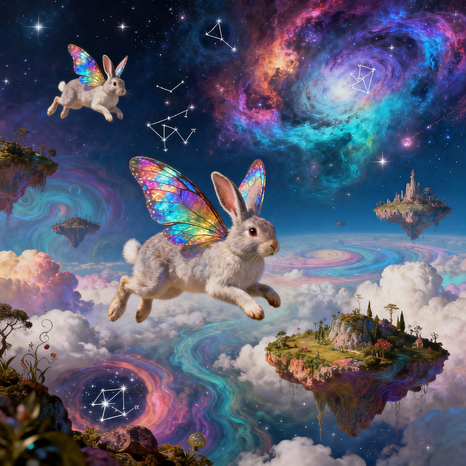 Rabbits with Butterfly Wings Soar Through Cosmic Dreamscape
