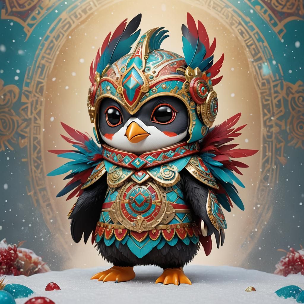 Chibi Penguin as Aztec Warrior in Digital Art Style