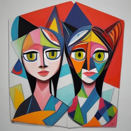 Cubist Abstract Painting of Two Figures in Acrylic Art Style