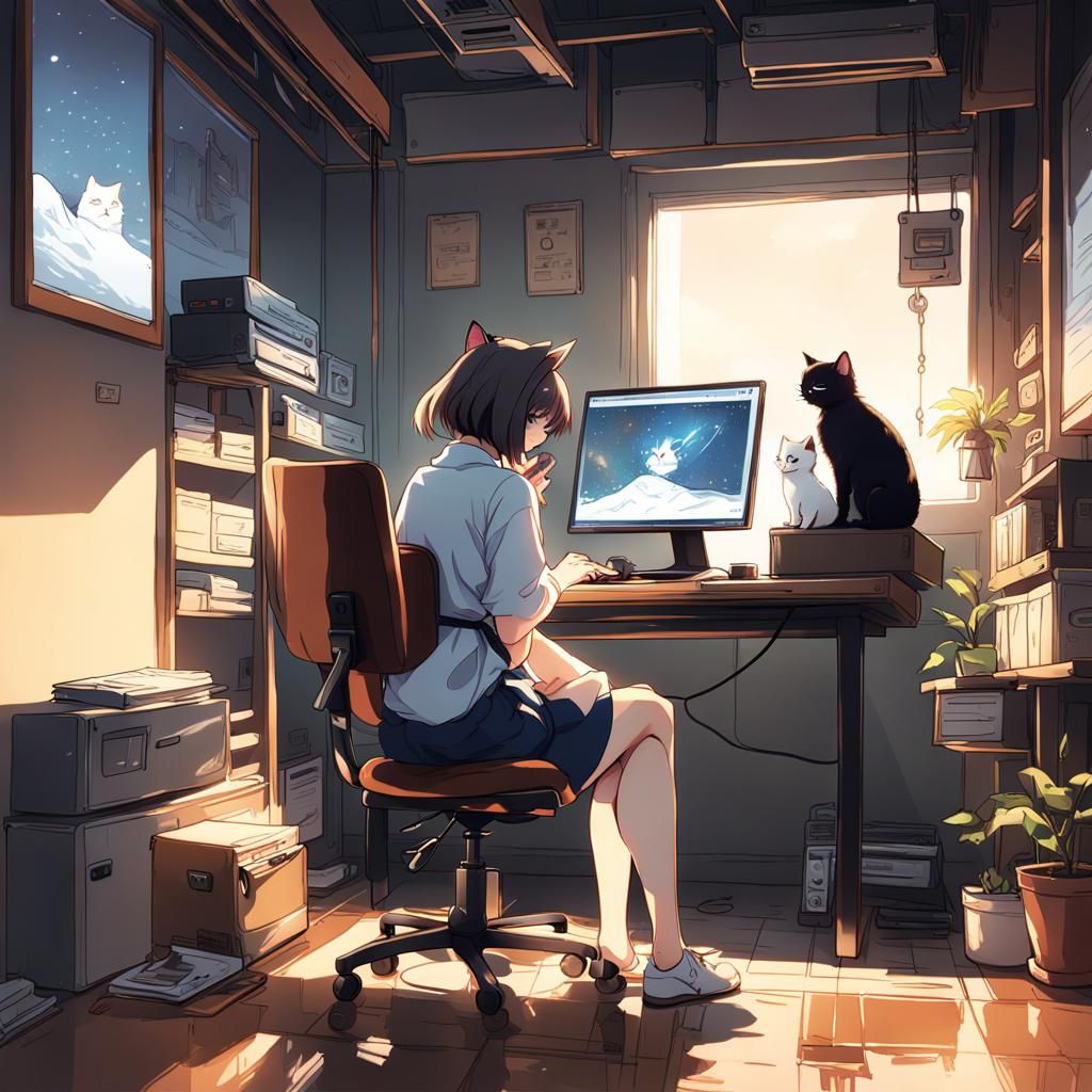 Girl and Cat in Cyberpunk Anime Style