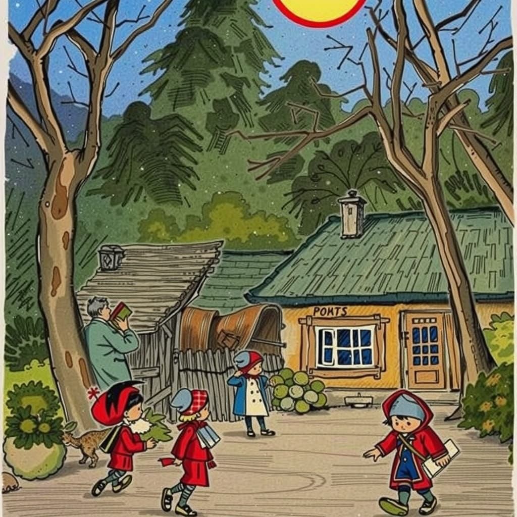 tout le village regarde les Trois Petits nains qui vont a l'...