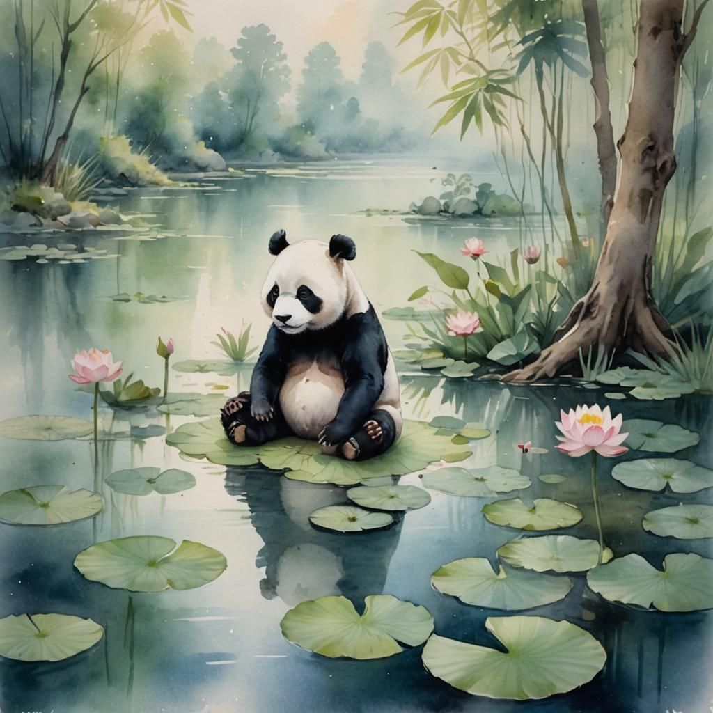 Peaceful Panda Meditating in Watercolor Forest