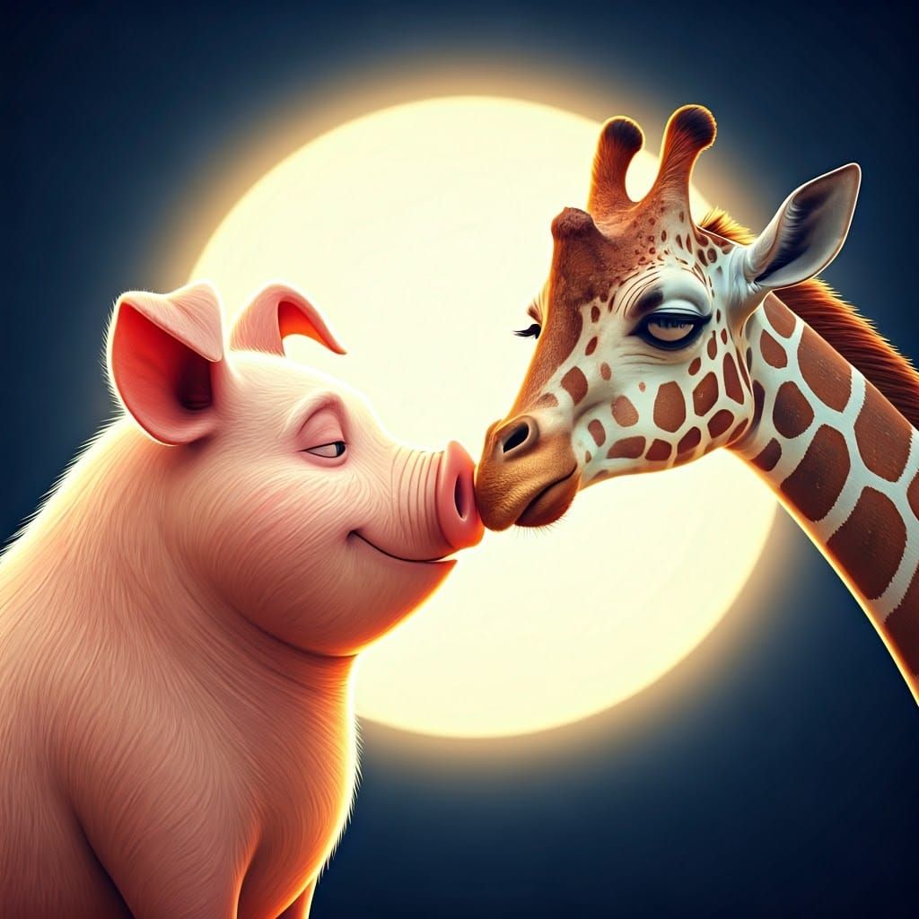 Enchanted Pig and Giraffe Share Whimsical Moonlit Kiss