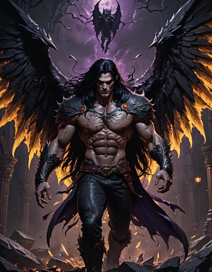 muscled man, long black hair , vampire. Hung , wings. After ...