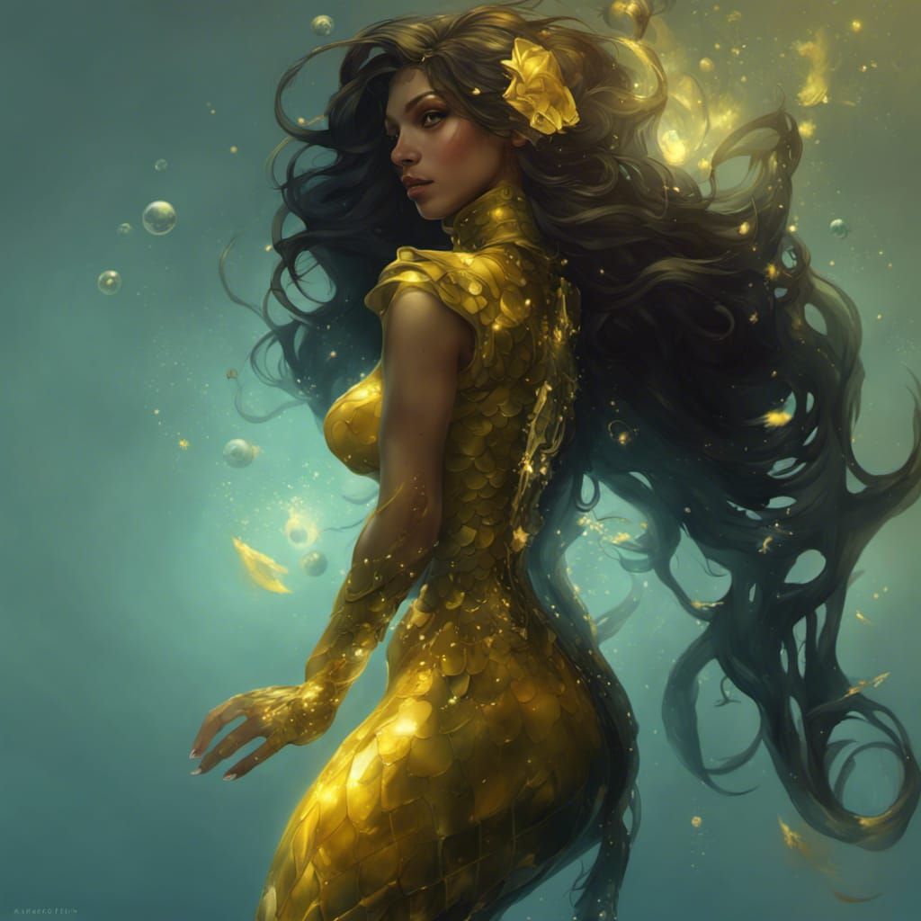 A mermaid covered in Metallic yellow shimmer.