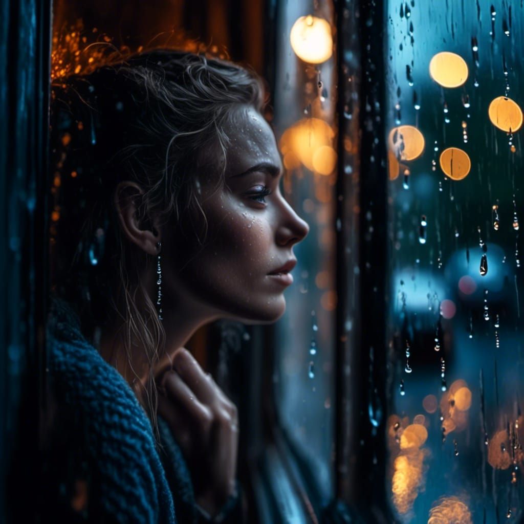 Sad Woman with Blue Eyes Crying in Rain