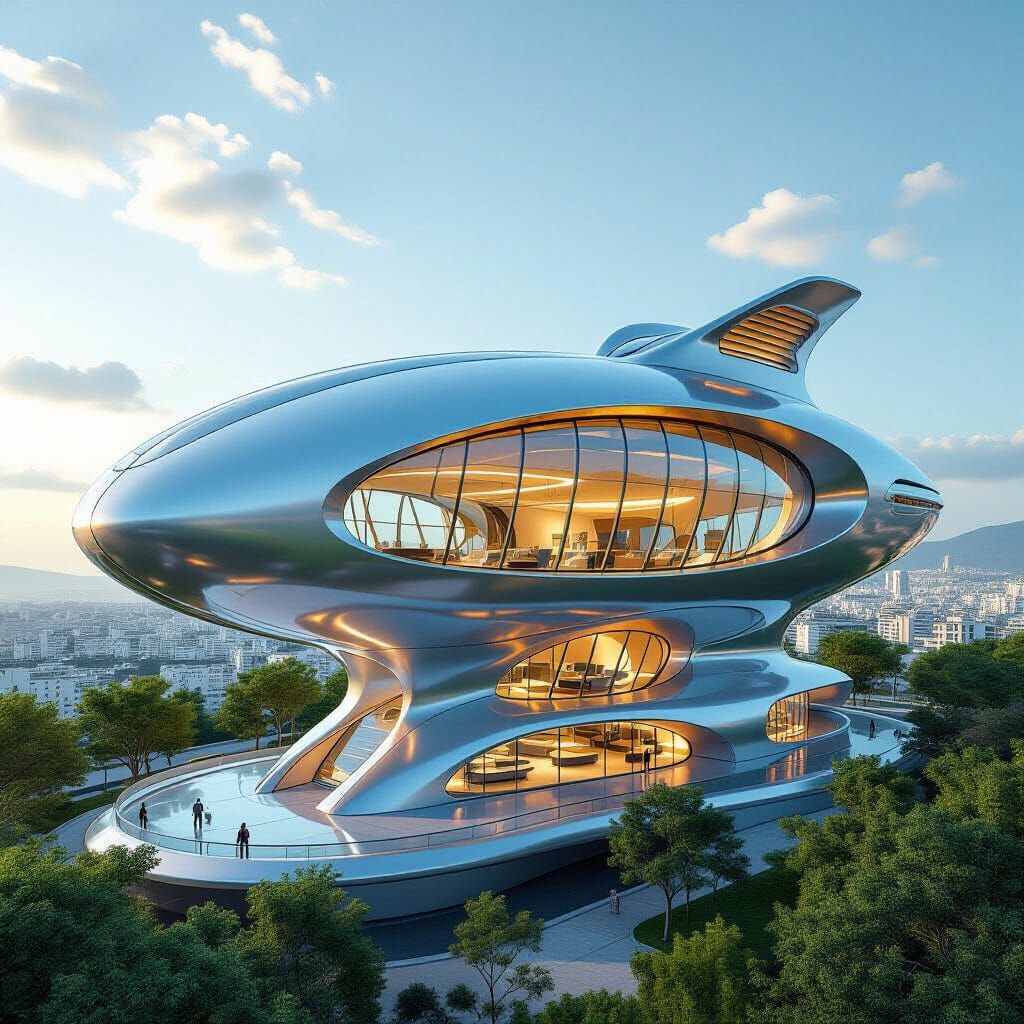 Futuristic Spaceship Building in Haifa, Modern Metallic Arch...
