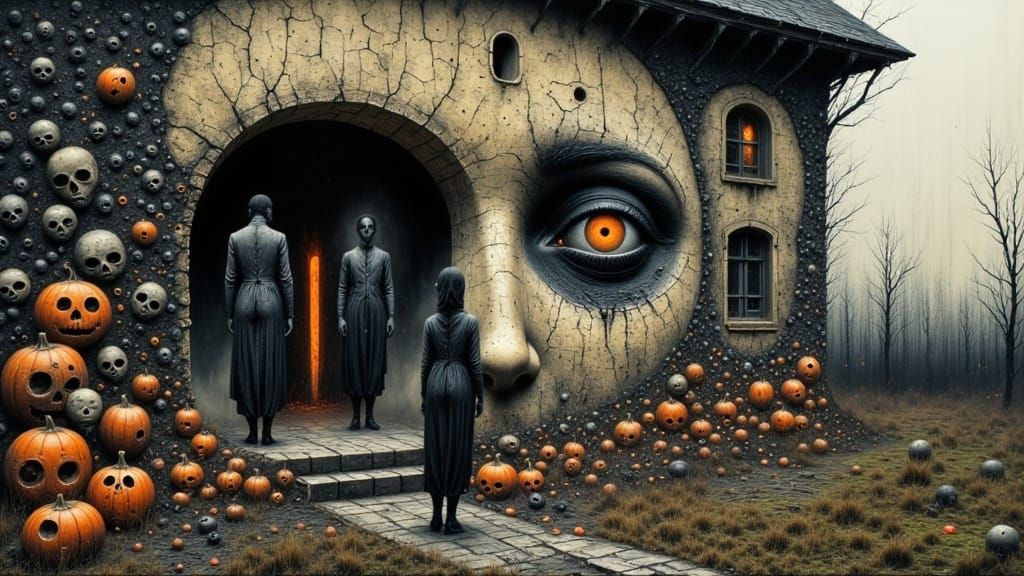 Creepy Halloween Scene with Woman and Dolls