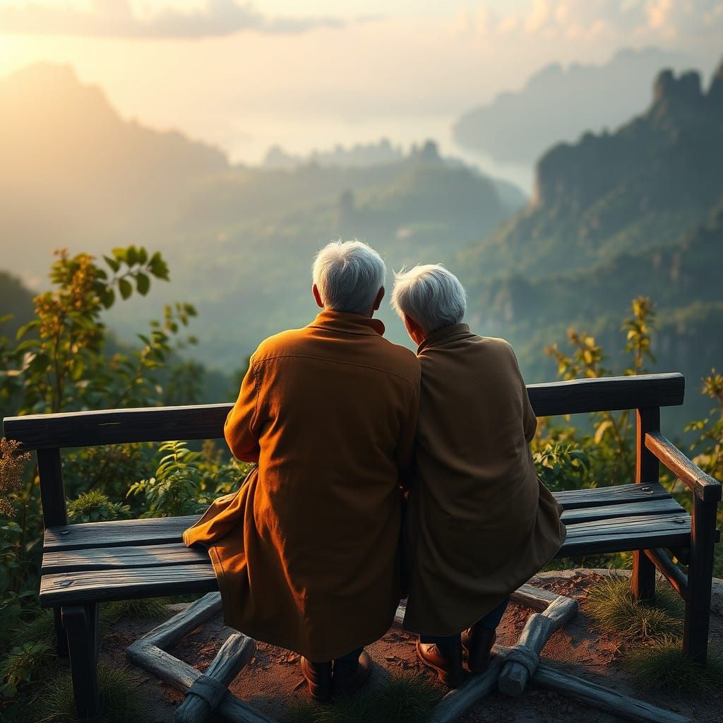 Ethereal Elderly Couple in Whimsical Surreal Landscape