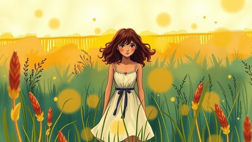 Woman in Meadow: Watercolor Illustration with Fireflies