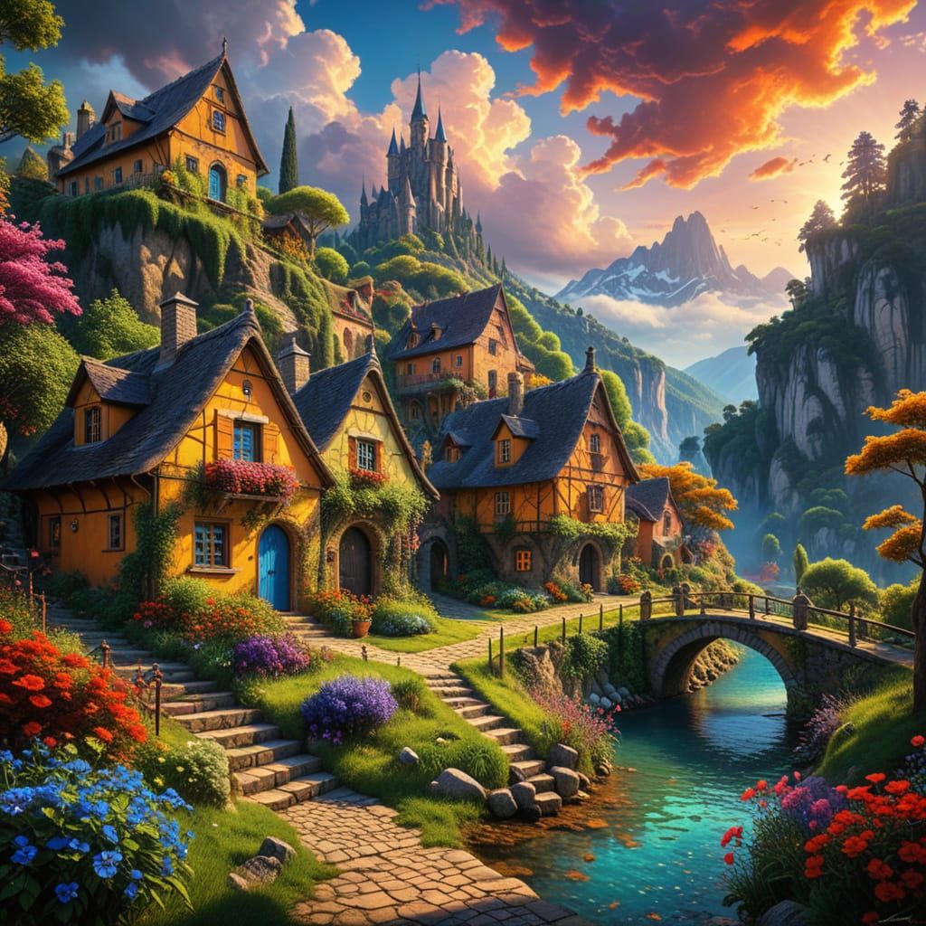 Fairytale Village in High Contrast HDR Oil Painting