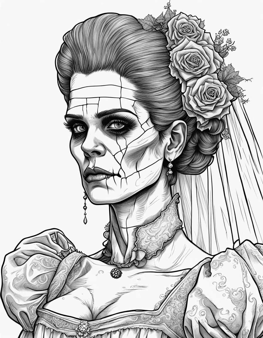 High Detail Line Art Frankenstein Bride Portrait
