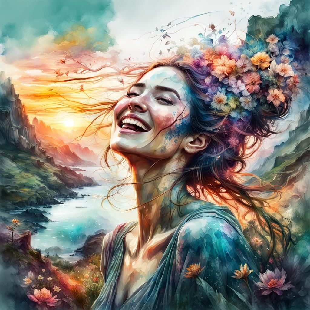 Fantasy Woman: Detailed Watercolor Portrait in Sunset Landsc...