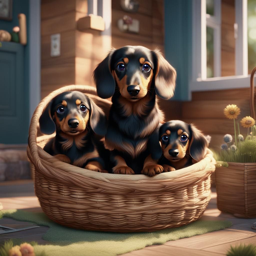Dachshund and Puppies in Basket, Pixar-Style Render