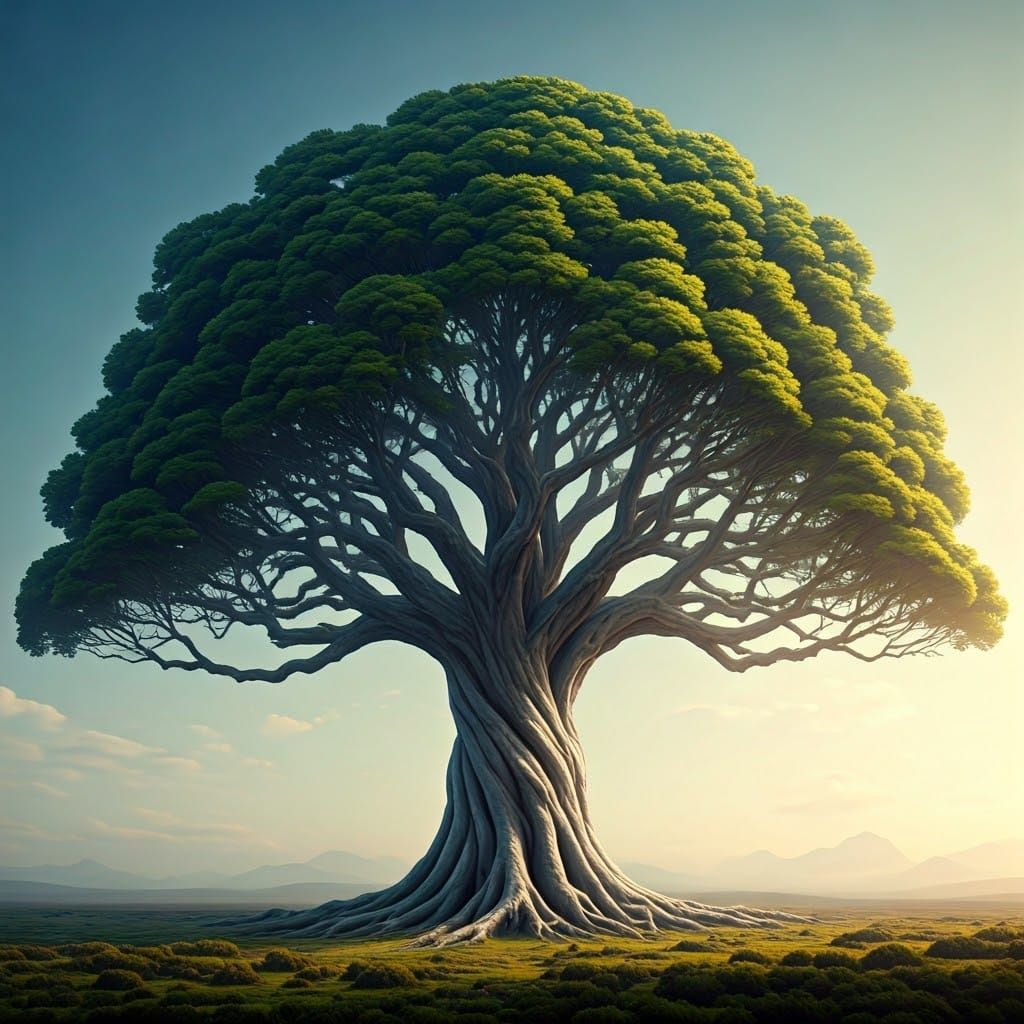 Majestic Yggdrasil Tree in Soft, Gradient Blue Sky