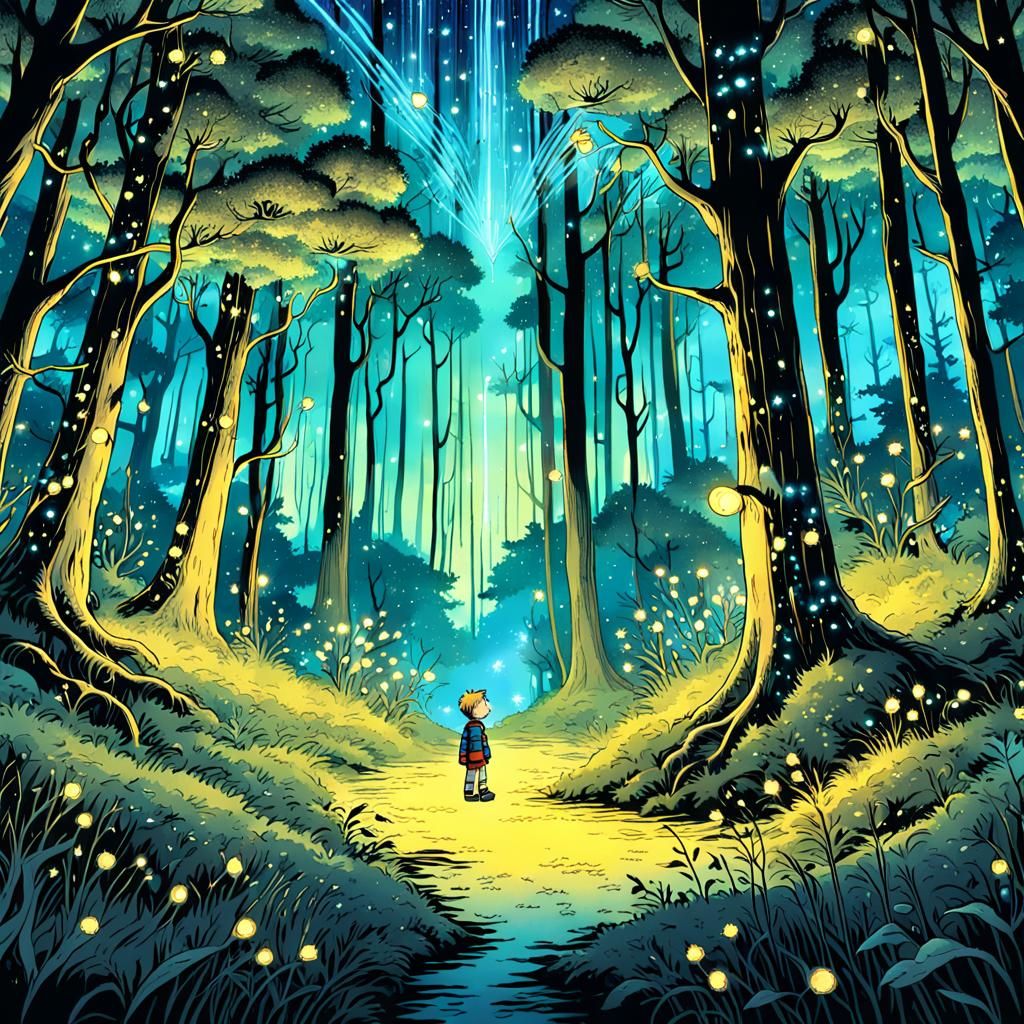 Calvin and Hobbes in Whimsical Manga Forest