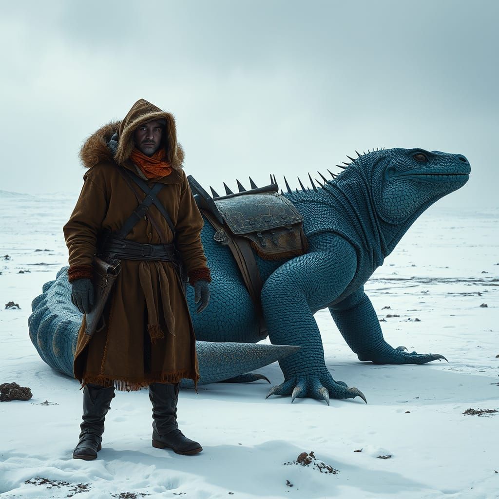 Wanderer and Blue Lizard on Icy Tundra
