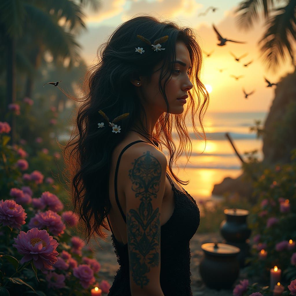 Sensual Dark Fantasy Portrait in Mystical Garden Setting